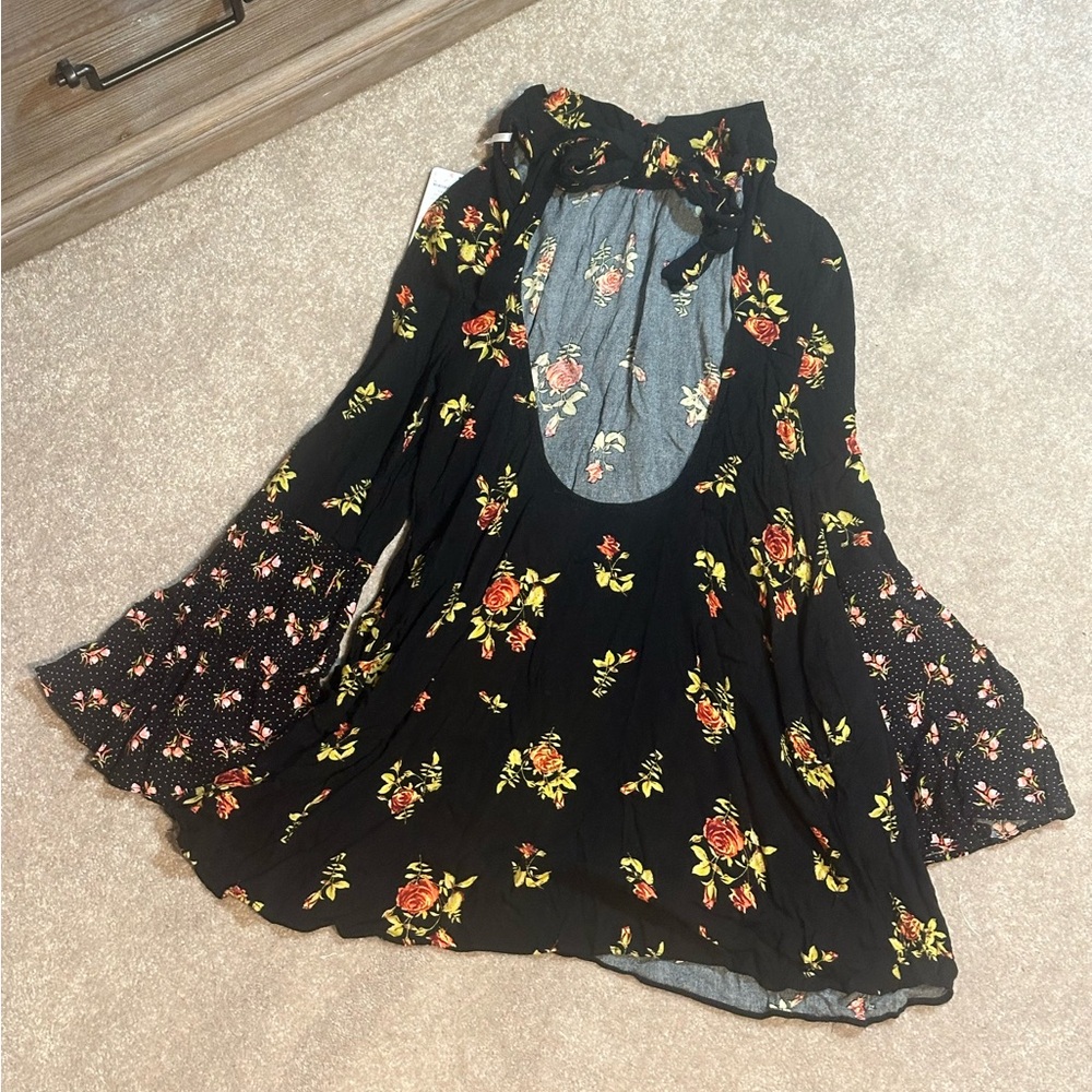 FREE PEOPLE Women’s Tate Black Floral Tie Neck Mini Shift Dress Tunic XS - Picture 8 of 11